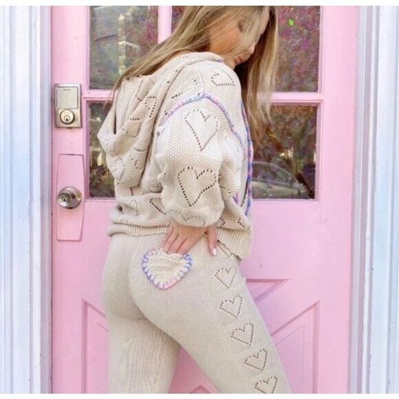 Loveshack Fancy Sweater Women's Medium Meara Beige Tan Pointelle Famous Hoodie